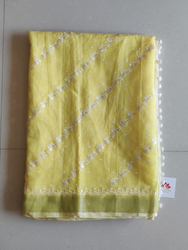 Image of Leheriya Linen Cotton Saree - Lemon Yellow