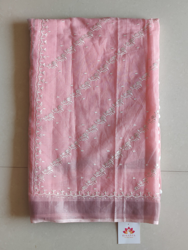 Image of Leheriya Linen Cotton Saree - Baby Pink