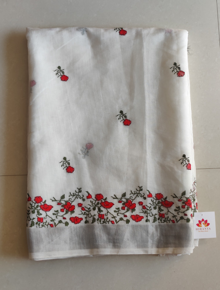 Image of Cross Stitch Linen Cotton Saree - White