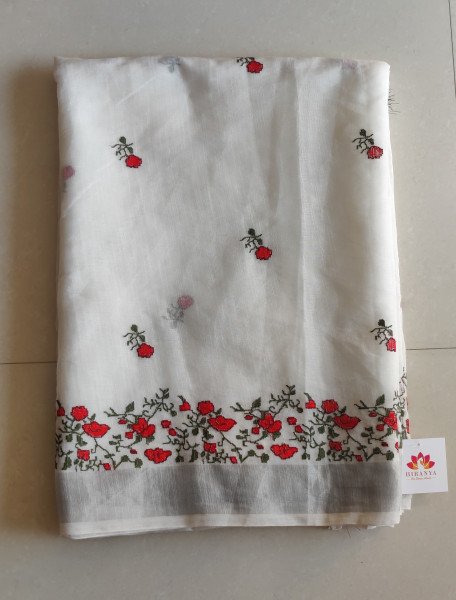 Cross Stitch Linen Cotton Saree - White