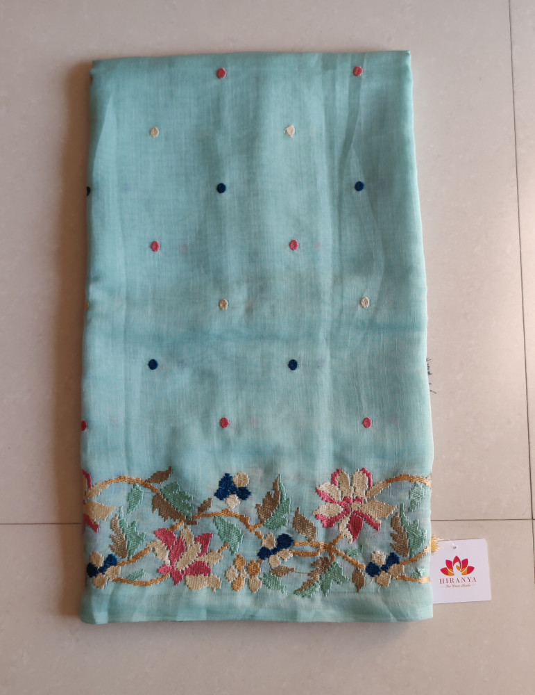 Image of Linen Cotton Saree - Light Blue