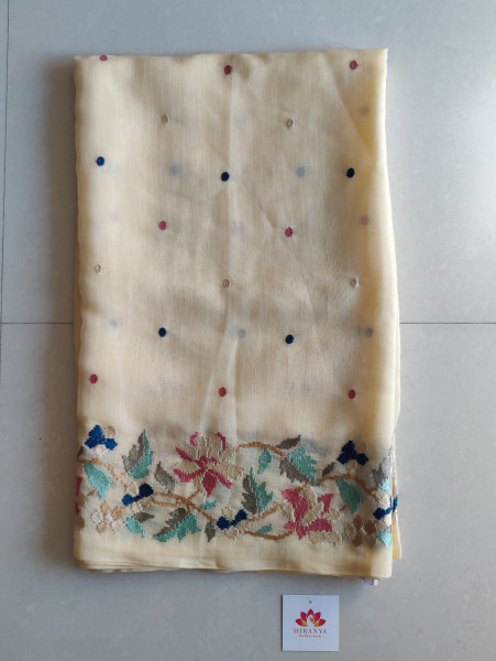 Linen Cotton Saree - Cream Beige