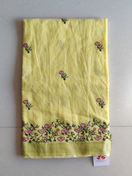 Cross stitch Linen Cotton Saree - Yellow