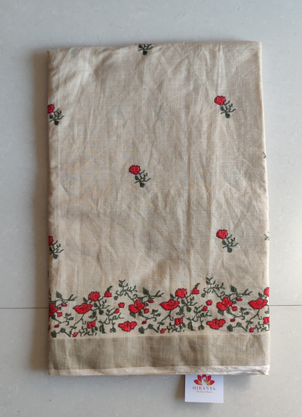 Cross Stitch Linen Cotton Saree - Beige