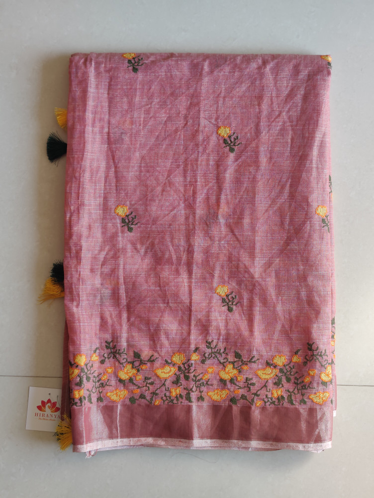 Image of Cross Stitch Linen Cotton Saree
