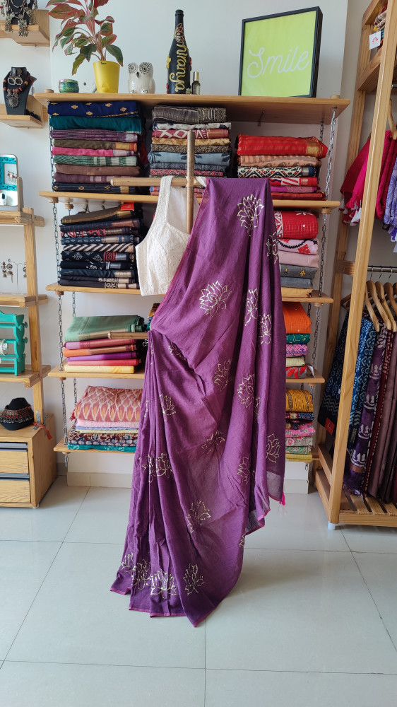 Image of Lotus Embroidery and Sequence Work MUL SAREE - Purple