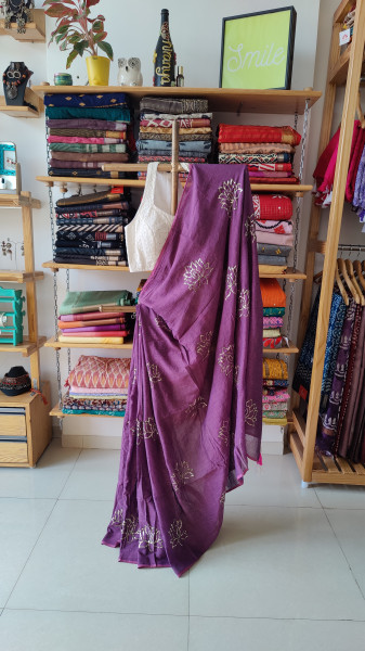 Lotus Embroidery and Sequence Work MUL SAREE - Purple