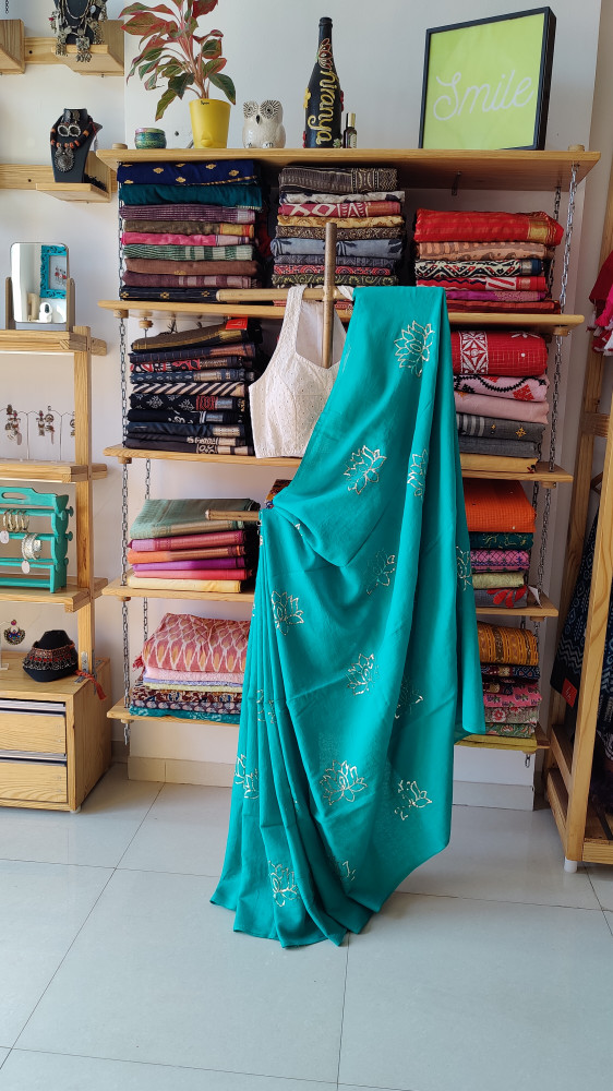 Image of Lotus Embroidery and Sequence Work MUL SAREE - Blue