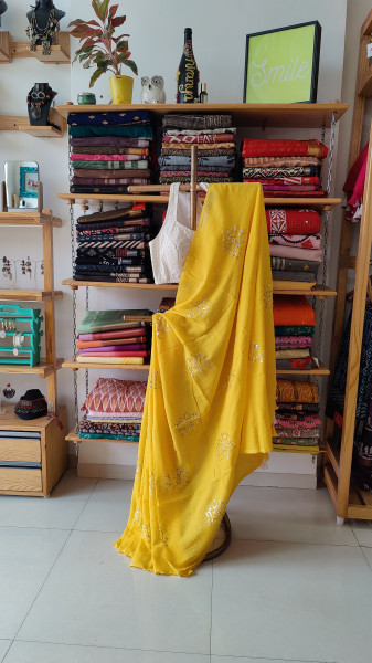Lotus Embroidery and Sequence Work MUL SAREE - Yellow