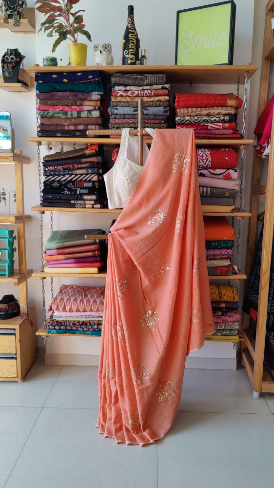 Image of Lotus Embroidery and Sequence Work MUL SAREE - Peach