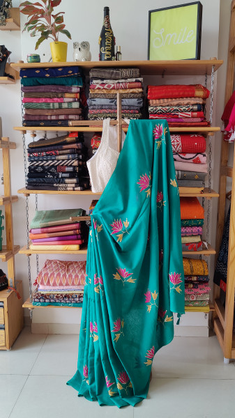 Lotus Embroidery and Sequence Work MUL SAREE - Dark Blue