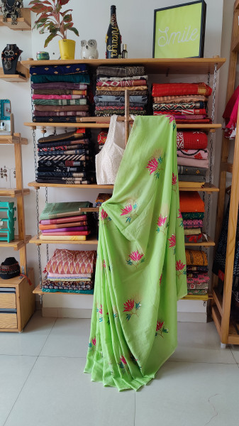 Lotus Embroidery and Sequence Work MUL SAREE - Green