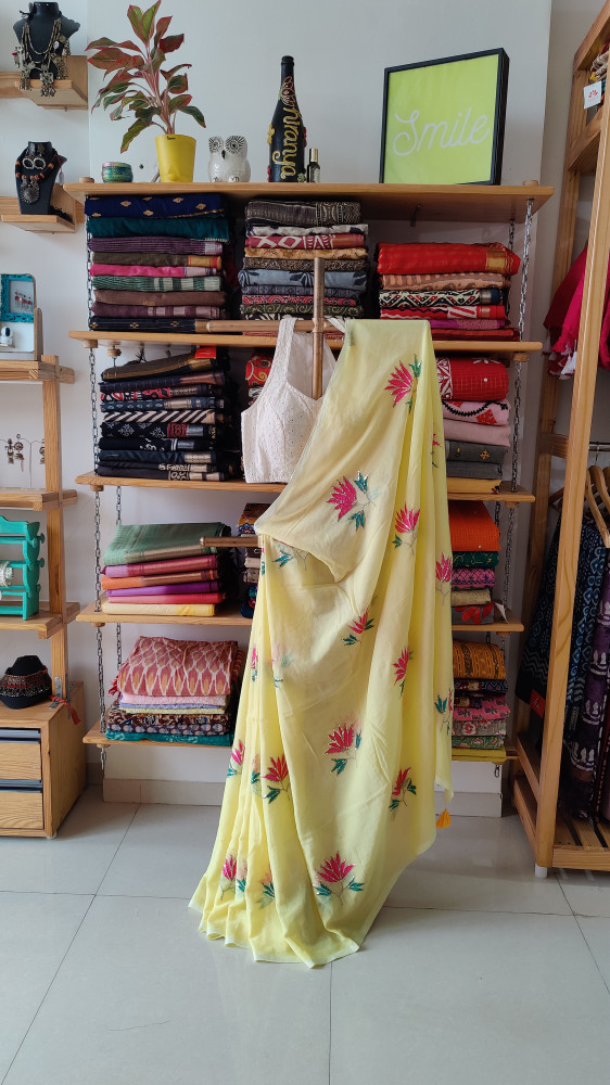 Image of Lotus Embroidery and Sequence Work MUL SAREE - Light Yellow.