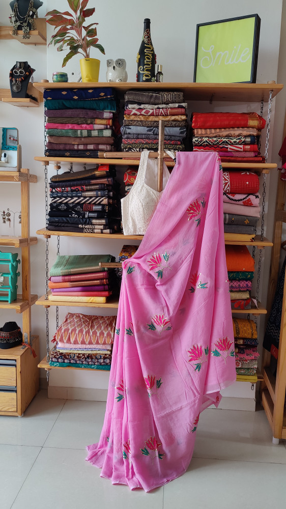Image of Lotus Embroidery and Sequence Work MUL SAREE - Pink