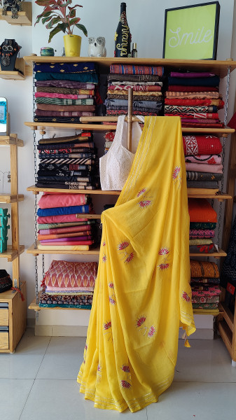Gota Patti Lotus Work on Mul cotton Saree - Yellow