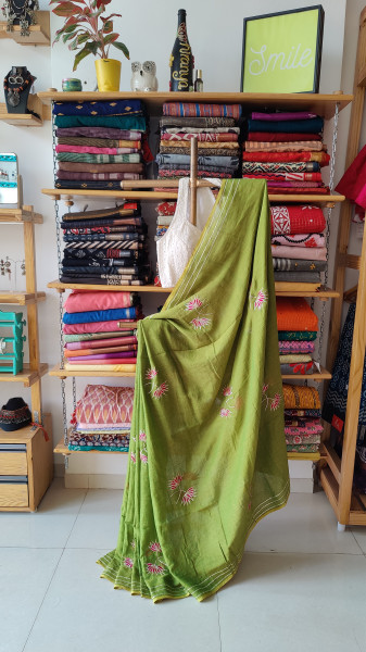 Gota Patti Lotus Work on Mul cotton Saree - Light Green