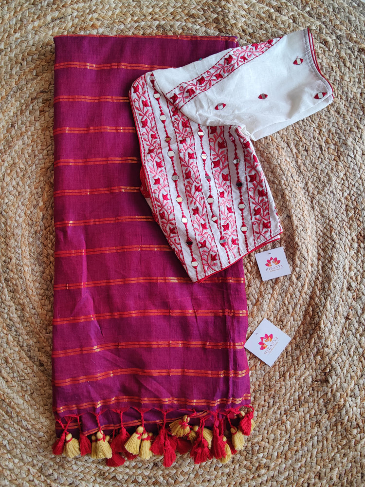 Image of Magenta zari stripes cotton saree with matching blouse