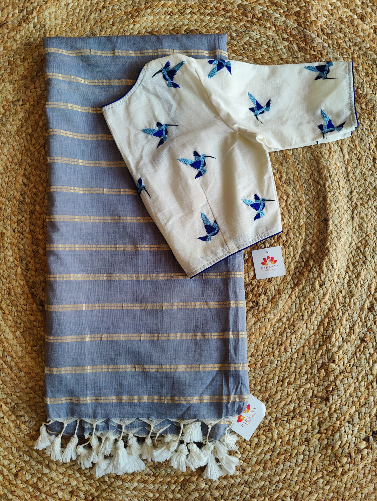 Image of Grey zari stripes cotton saree with matching blouse