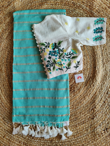 Aqua Blue zari stripes cotton saree with matching blouse