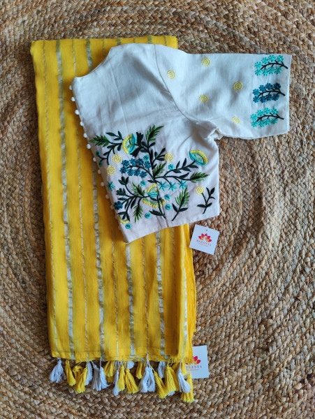 Yellow zari stripes cotton saree with matching blouse