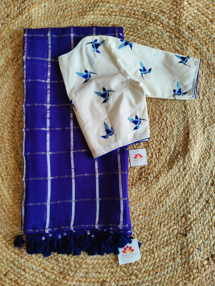 Image of Royal Blue zari stripes cotton saree with matching blouse