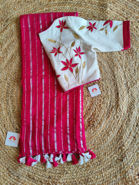 Pink zari stripes cotton saree with matching blouse
