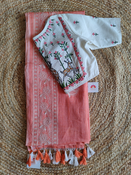Peach Mul cotton saree with white embroidery Blouse