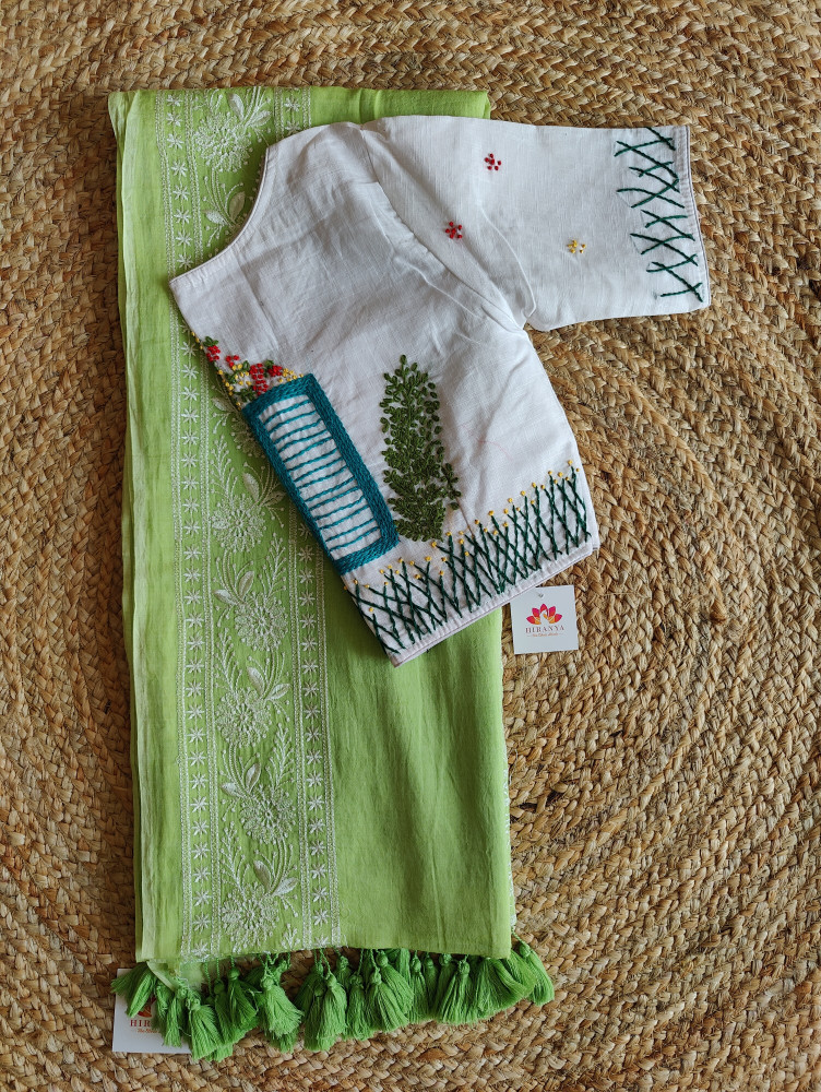 Image of Lime Green Mul cotton saree with white embroidery Blouse
