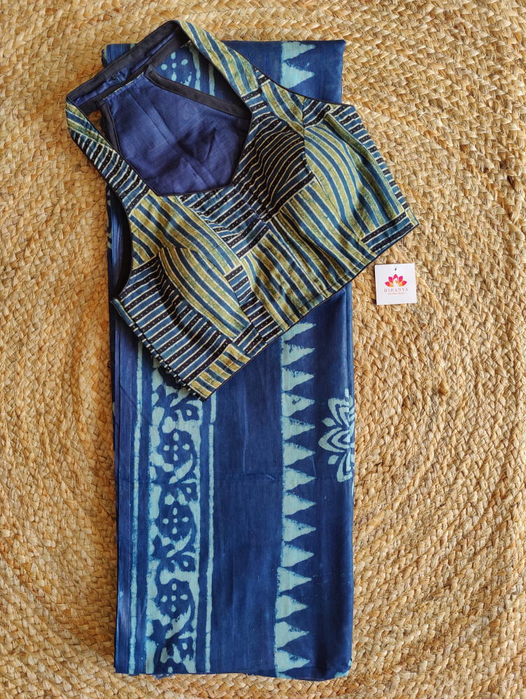 Image of Indigo Bengal cotton Saree with halter neck blouse