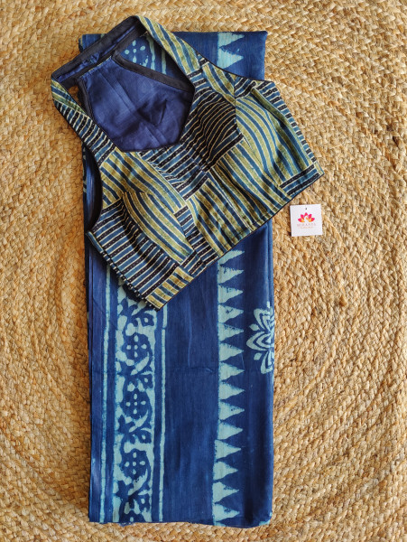 Indigo Bengal cotton Saree with halter neck blouse