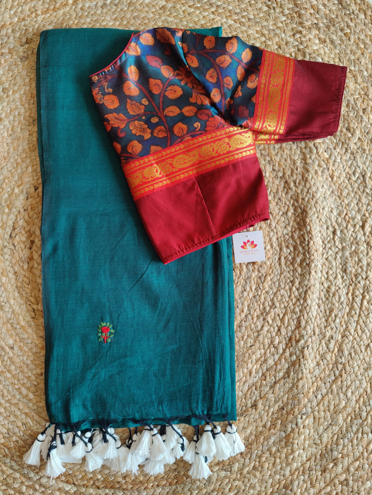 Image of Hand Embroidered Green Mul Saree with Kalamkari patchwork blouse