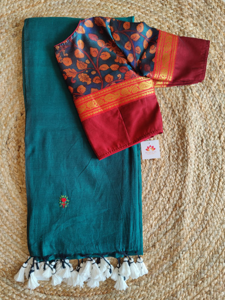 Hand Embroidered Green Mul Saree with Kalamkari patchwork blouse