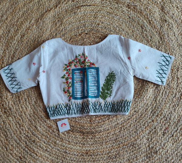 Lime Green Mul cotton saree with white embroidery Blouse