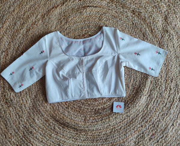 Peach Mul cotton saree with white embroidery Blouse