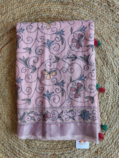 Kantha Stitch Linen Cotton Saree - Pink