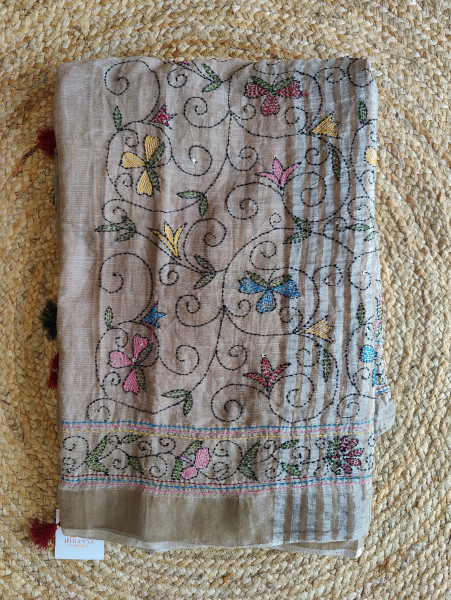 Kantha Stitch Linen Cotton Saree - Grey