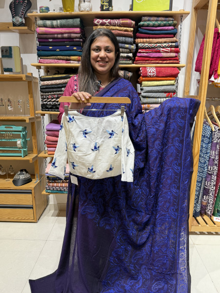 Navy Blue Machine Embroidered Saree with white embroidered blouse