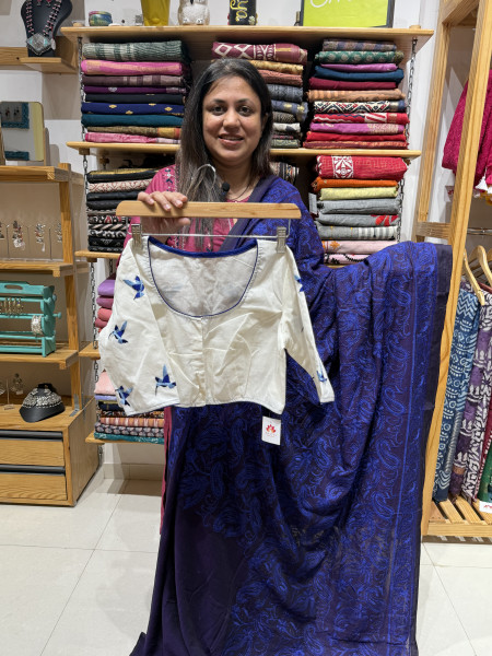 Navy Blue Machine Embroidered Saree with white embroidered blouse