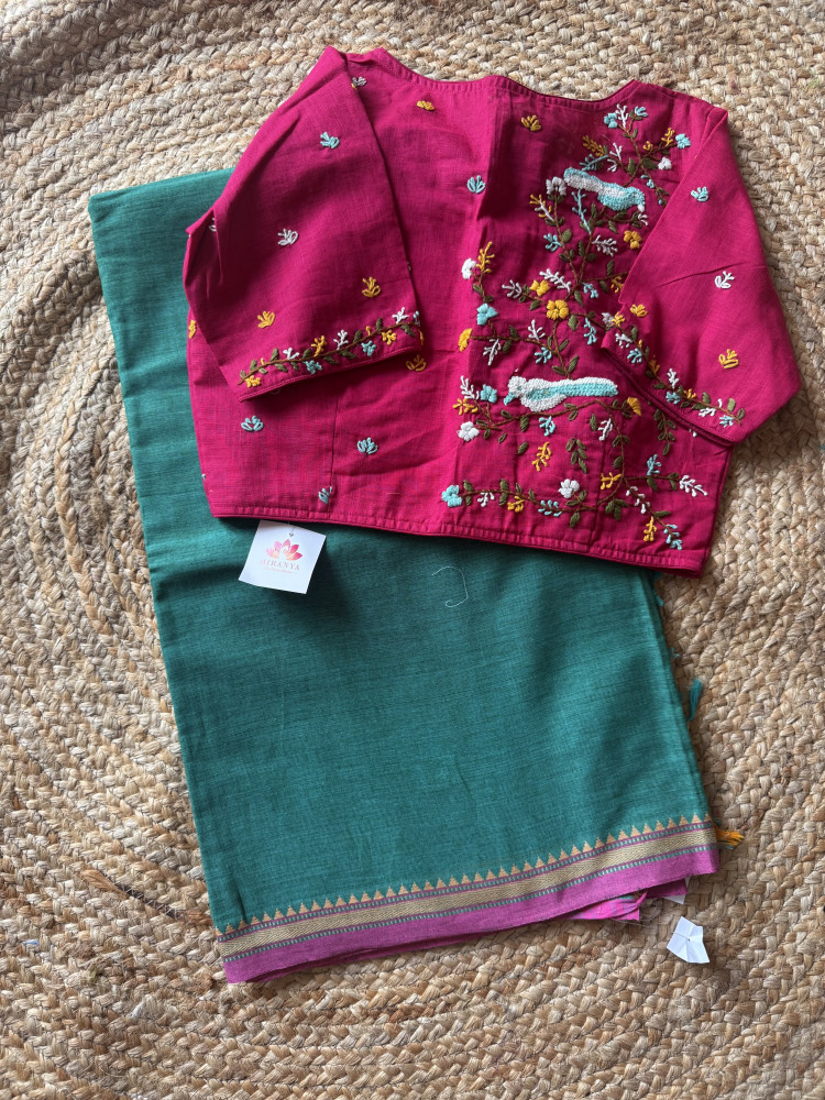 Image of COMBO-Dhaniakhali Handloom Cotton Saree with Free SIZE Hand Embroidered Blouse