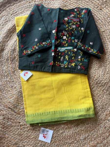 COMBO-Dhaniakhali Handloom Cotton Saree with Free SIZE Hand Embroidered Blouse