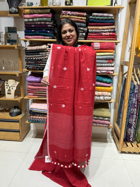 Red Jamdani Mul saree with Free Size Blouse