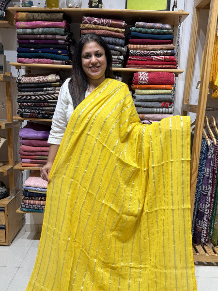 Yellow zari stripes saree with  Red Free Size blouse