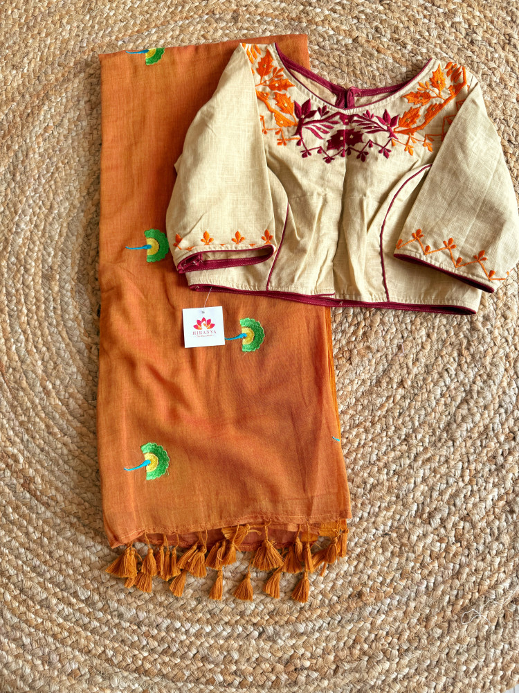 Image of Orange Embroidered saree with blouse