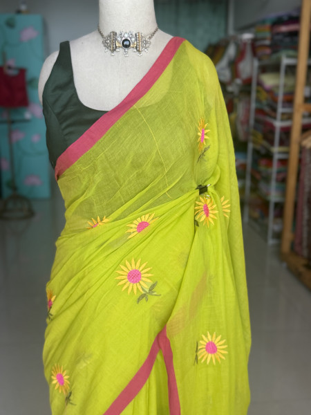 Sunflower Embroidered Mul Saree