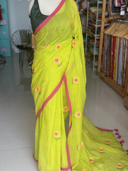 Sunflower Embroidered Mul Saree
