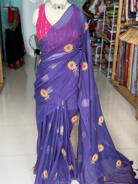Sunflower Embroidered Mul Saree