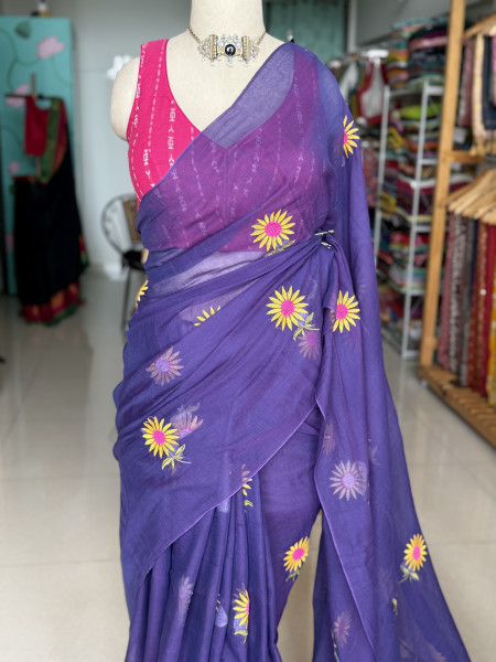 Sunflower Embroidered Mul Saree
