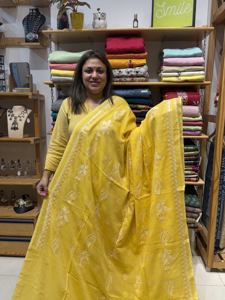 Image of Mul Chikankari saree - Yellow