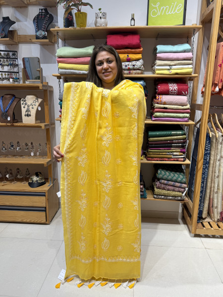 Mul Chikankari saree - Yellow