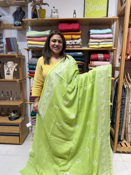 Mul Chikankari saree - Green